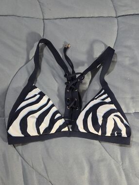Michael Kors Black and White Bikini Top with Gold Logo Tag